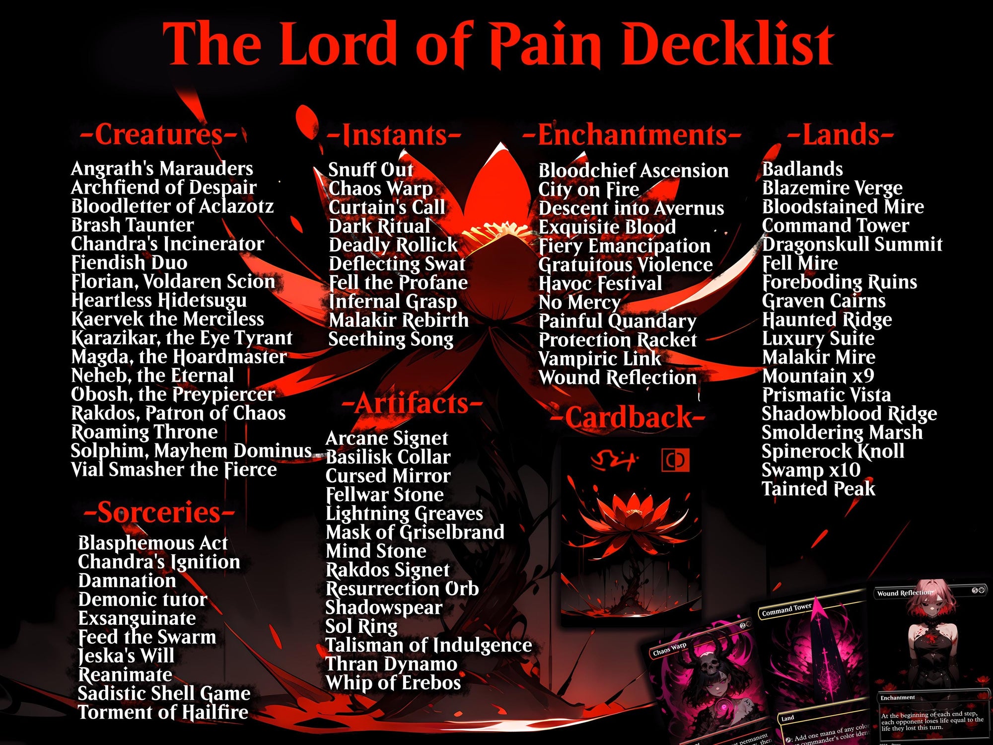 Burn Commander Deck The Lord of Pain Complete EDH Proxy Deck